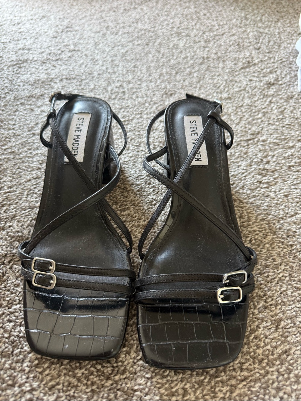 Steve Madden Black Croc-Texture Strappy Square-Toe Heels